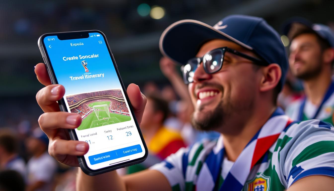 Generate an image of a fan using the Expedia app to plan their 2026 World Cup travel itinerary.