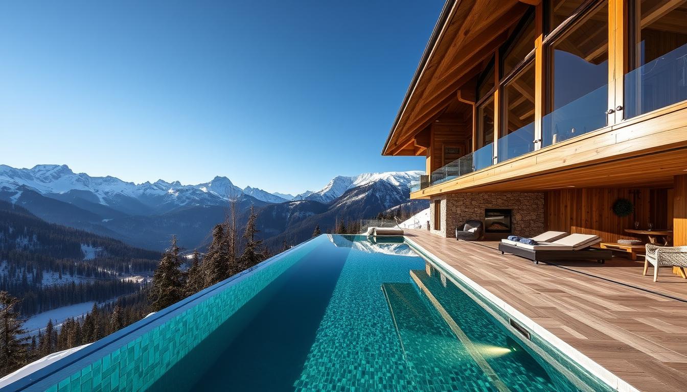 Generate an image of Chalet Al Foss with its glass-bottom infinity pool and Dolomite views.