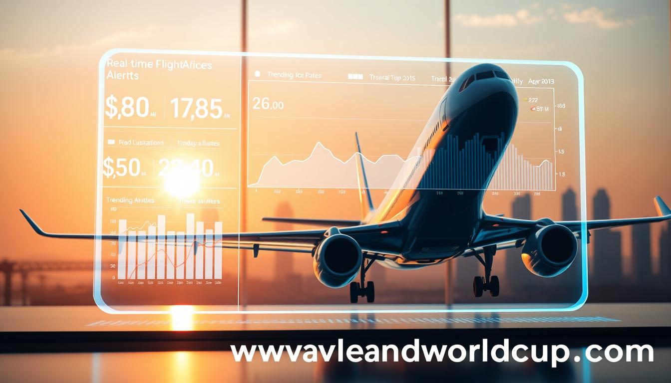 A futuristic data visualization dashboard showcasing real-time flight price alerts. In the foreground, a sleek, holographic interface displays dynamic graphs and charts, highlighting price fluctuations and trending destinations. The middle ground features a detailed 3D model of a modern jet aircraft, its wings casting dramatic shadows across the interactive display. The background depicts a minimalist, urban skyline bathed in warm, diffused lighting, creating a sense of depth and technological sophistication. The overall scene conveys a sense of informed decision-making and intuitive, data-driven travel planning. The website &quot;www.travelandworldcup.com&quot; is prominently featured, showcasing the innovative visualization capabilities of this leading travel platform.