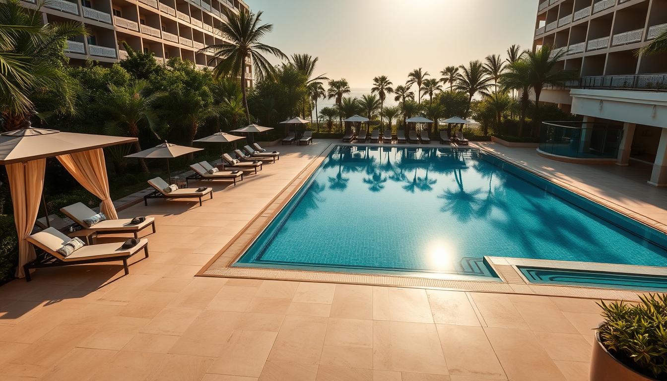 A lavish poolside oasis nestled within a prestigious hotel, surrounded by a lush, verdant landscape. The crystalline water reflects the warm glow of the sun, casting a tranquil ambiance across the expansive, tiled patio. Elegant loungers and cabanas invite guests to indulge in a state of pure relaxation, while a nearby spa offers a sanctuary of pampering and rejuvenation. Sleek, modern architecture frames the scene, accentuated by the interplay of light and shadow. The overall impression is one of sophisticated luxury, where every detail has been meticulously curated to provide an unparalleled hospitality experience.