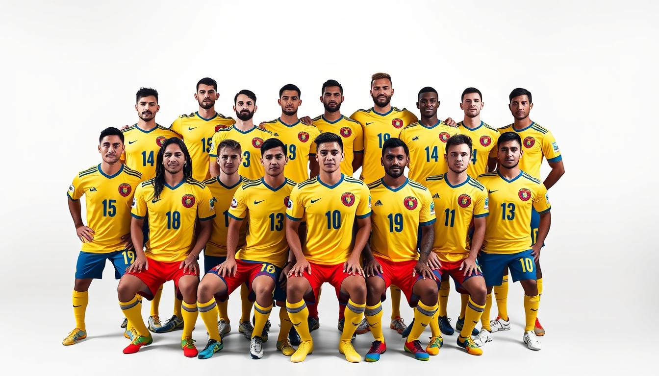 A high-quality photograph of the Colombia national football team players, shot in a professional studio setting with even, natural lighting and a clean, white backdrop. The players are posed in a dynamic group formation, showcasing their athletic physiques and team unity. Their uniforms are the distinctive yellow, blue, and red colors of the Colombian flag, with each player's number and name clearly visible. The players' expressions convey a sense of focus, determination, and pride as they prepare for the 2026 World Cup. The image has a crisp, high-resolution quality that highlights the players' individual features and the team's overall cohesion.