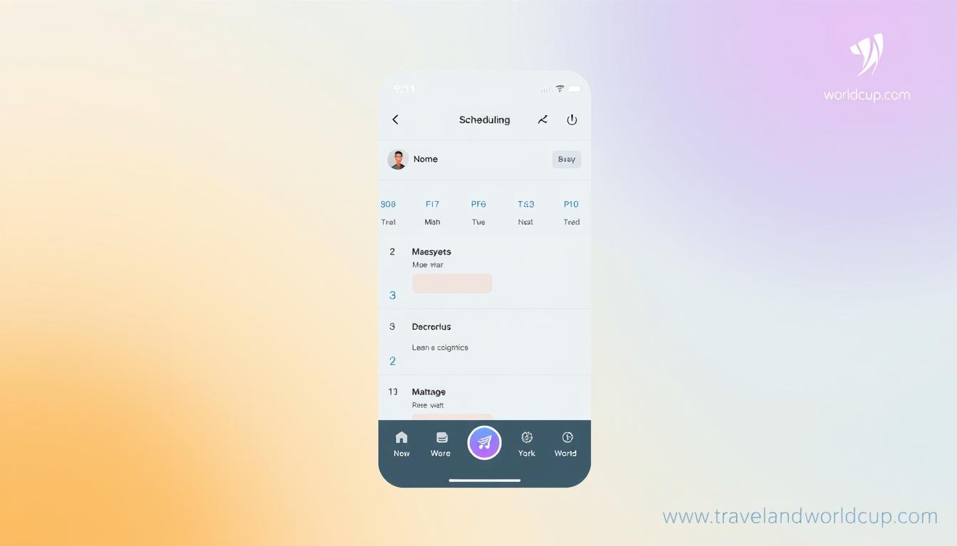 A visually appealing mobile scheduling app interface with a clean, minimalist design. In the foreground, a user-friendly calendar view displaying upcoming appointments, with intuitive icons and color-coded event types. The middle ground features a sleek, responsive layout with smooth animations as the user navigates through the app. In the background, a subtle gradient or abstract pattern provides a pleasant, calming ambiance. The overall aesthetic is modern, professional, and easy to navigate, ensuring a seamless user experience. The app's branding is discreetly displayed as &quot;www.travelandworldcup.com&quot; in the corner.