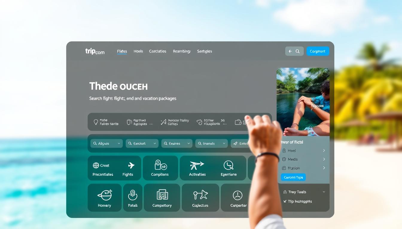 A sleek, modern user interface for the Trip.com travel booking platform. The homepage features a large, vibrant hero image showcasing an exotic tropical beach, with a clean and intuitive layout for searching flights, hotels, and vacation packages. In the foreground, a person is interacting with the search bar and filters, while in the middle ground, various travel-related icons and graphics are displayed. The background has a soft, blurred gradient that creates a sense of depth and focus on the main functionality. The lighting is soft and natural, creating a calming and inviting atmosphere for users to plan their next getaway to Bahrain.