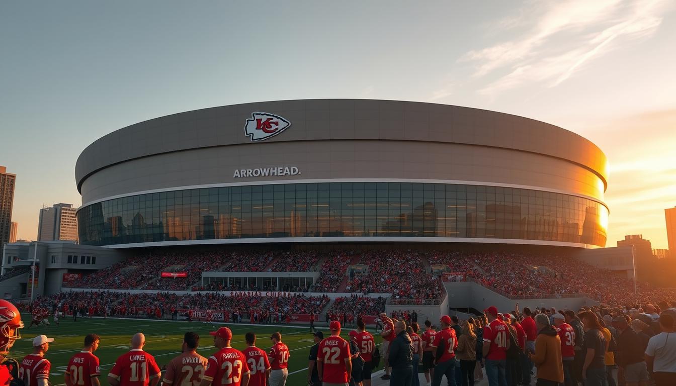 Arrowhead Stadium, the iconic home of the Kansas City Chiefs, stands tall amidst the city's vibrant skyline. The modern, sleek architecture of the stadium is highlighted by the warm hues of the setting sun, casting a golden glow over the field and the surrounding cityscape. Fans clad in red and gold jerseys gather outside the stadium, their energy and excitement palpable as they anticipate the upcoming game. The scene captures the essence of Kansas City's passion for football, where the thrill of the game is intertwined with the city's rich cultural tapestry of jazz, barbecue, and community.