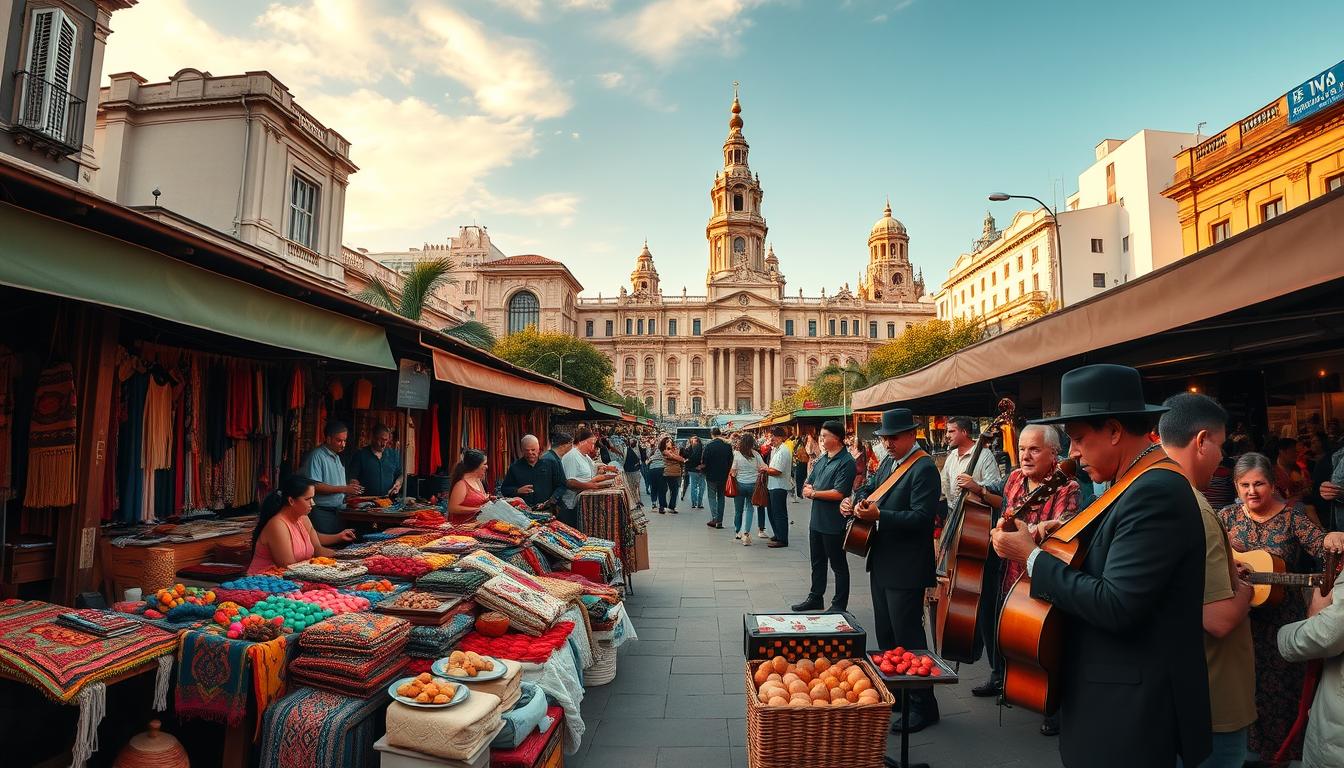 Explore Argentina: Resorts, Hotels, and Travel Tips A vibrant, panoramic scene capturing the essence of cultural experiences in Argentina. In the foreground, a lively street market showcases an array of colorful handcrafted goods, textiles, and local delicacies. The middle ground features traditional musicians playing lively melodies, their instruments echoing the rhythmic beats of Argentine tango. In the background, the iconic architecture of Buenos Aires rises, a blend of European and Latin American influences. Warm, golden lighting casts a soft glow, accentuating the energy and vibrancy of the scene. The overall atmosphere conveys the rich cultural tapestry and the captivating spirit of Argentina.