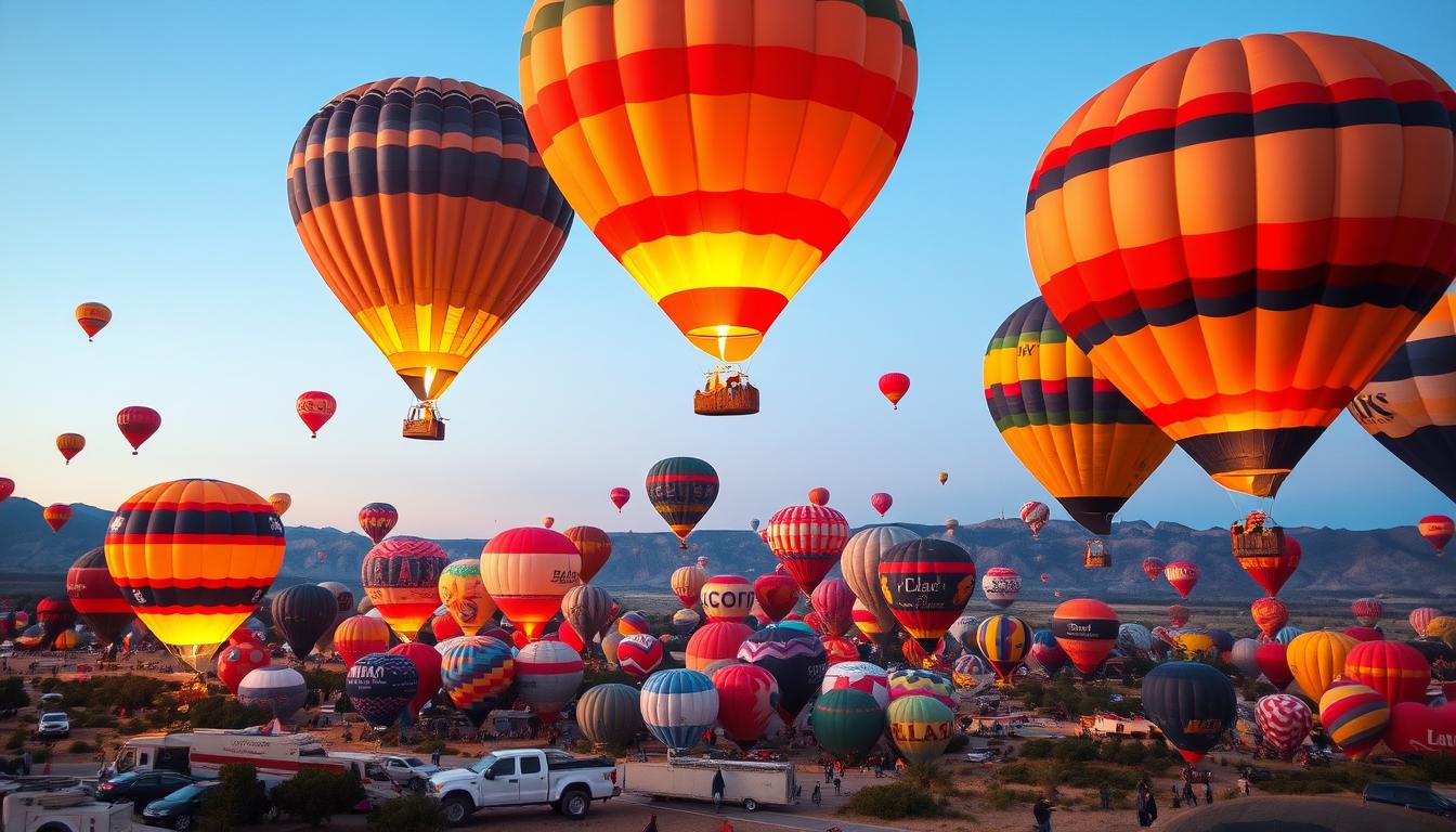 Generate an image of the Albuquerque International Balloon Fiesta at dawn with hundreds of balloons taking off.
