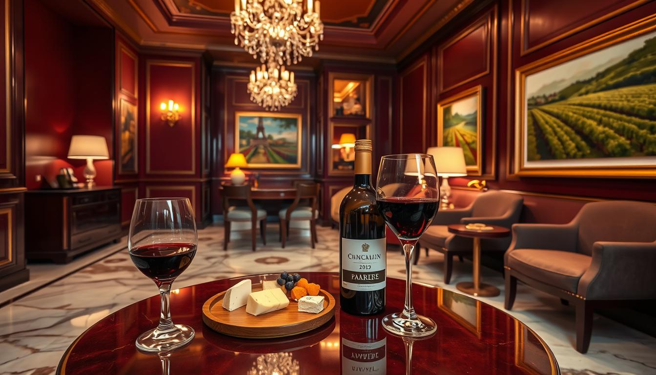A lavish hotel suite with an elegant Art Deco aesthetic, featuring a rich burgundy color palette, polished marble floors, and glittering crystal chandeliers. In the foreground, a pair of crystal wine glasses filled with a deep red vintage rest on a glossy wooden table, accompanied by an open bottle of fine wine and a selection of artisanal cheeses. Framed paintings adorning the walls depict scenes of Parisian cafes and verdant vineyards, evoking a sense of refined European sophistication. Warm, golden lighting casts a soft, inviting glow throughout the space, creating an atmosphere of luxurious indulgence.