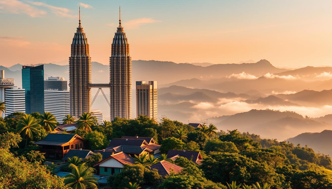 A stunning panoramic view of Malaysia's architectural marvels, captured in vibrant detail. In the foreground, the iconic Petronas Towers rise majestically, their sleek, futuristic design bathed in warm, golden light. In the middle ground, traditional Malay kampung houses nestle amidst lush, verdant foliage, their intricate wooden carvings and vibrant hues contrasting with the modern structures. In the background, the rolling hills of the Cameron Highlands and the misty silhouettes of ancient rainforests create a serene, enchanting backdrop. The image conveys a harmonious blend of old and new, showcasing Malaysia's architectural prowess and the nation's stunning natural beauty.