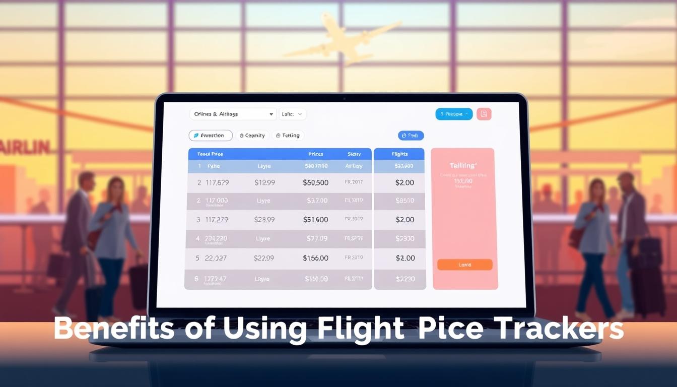 a digital illustration of a flight price comparison website or application, showcasing a clean and intuitive user interface. The foreground features a laptop or mobile device display with multiple airline ticket prices and flight options side-by-side, allowing the user to easily compare and contrast their options. The middle ground depicts a stylized airport terminal with travelers and aircraft in the background, conveying the context of air travel. The scene is bathed in a warm, optimistic lighting, with a soft, hazy atmosphere that creates a sense of efficiency and convenience. The overall composition and color palette evoke a modern, technology-driven approach to finding the best flight deals, aligning with the &quot;Benefits of Using Flight Price Trackers&quot; theme.