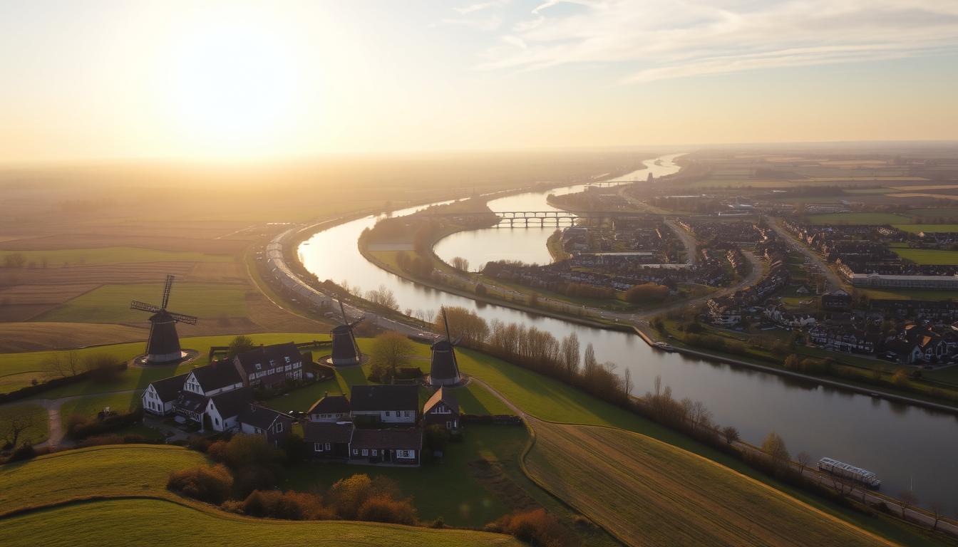 Majestic Dutch landscapes unfold, with rolling hills, lush meadows, and serene waterways. In the foreground, a quaint village nestled among charming windmills, their sails catching the gentle breeze. In the middle ground, a winding river reflects the golden glow of the setting sun, casting a warm, tranquil atmosphere. Beyond, the horizon is dotted with picturesque canals, lined with historic buildings and bridges. The scene is captured through a wide-angle lens, highlighting the expansive, picturesque vistas that make the Netherlands a true natural wonder. The overall mood is one of serenity, inviting the viewer to immerse themselves in the timeless beauty of this iconic destination.