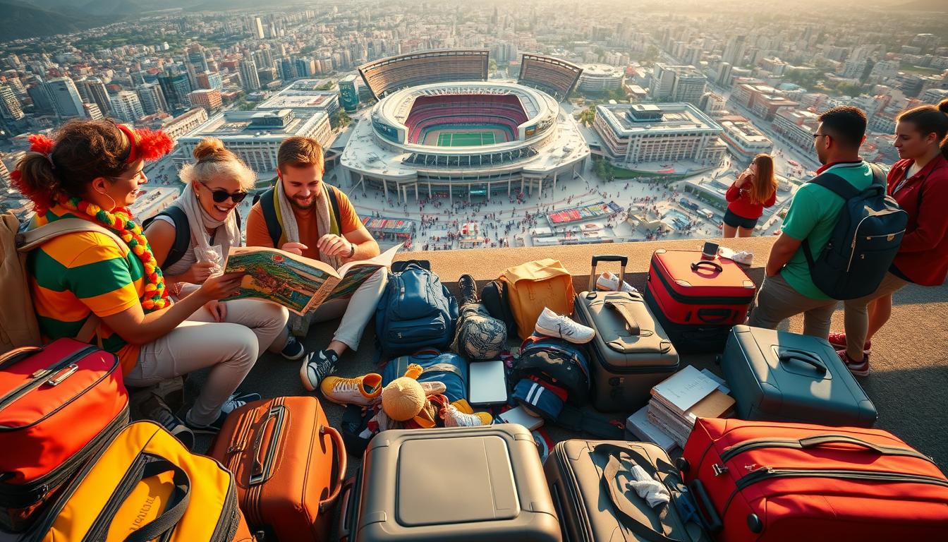 Vibrant and dynamic scene of travelers exploring the world's premier football spectacle. In the foreground, a group of fans decked out in their national team colors, excitedly planning their World Cup itinerary using a guidebook and map. In the middle ground, a diverse array of suitcases, backpacks, and travel accessories sprawled out, capturing the excitement of packing for the big event. The background features a panoramic view of iconic stadiums, bustling city streets, and locals warmly welcoming the influx of global fans. Warm, golden lighting illuminates the entire composition, evoking a sense of adventure and camaraderie. Crisp, cinematic angle captures the anticipation and preparation for an unforgettable World Cup experience.