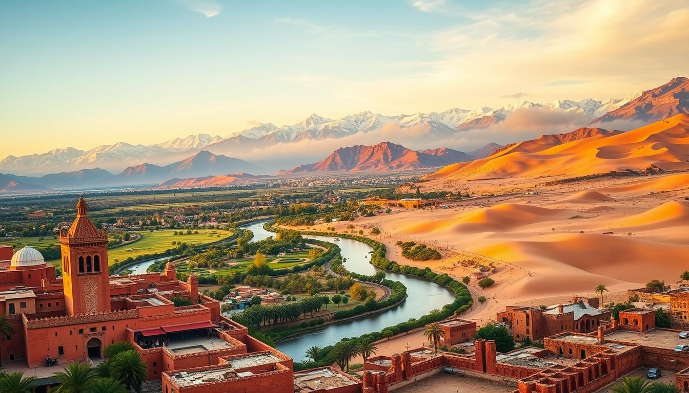 A scenic landscape showcasing the captivating tourist destinations of Morocco. In the foreground, the iconic red-clay architecture of Marrakech's historic medina stands tall, its ornate details and intricate patterns casting warm shadows. In the middle ground, the snow-capped Atlas Mountains rise majestically, their peaks touching the azure sky. Winding through the lush, verdant valleys, a river flows gently, its banks dotted with traditional Berber villages. In the distance, the rugged, windswept Saharan dunes of the Merzouga desert stretch out endlessly, their golden hues shifting under the golden hour light. An atmospheric, cinematic scene capturing the diverse natural and cultural wonders that make Morocco a captivating travel destination.