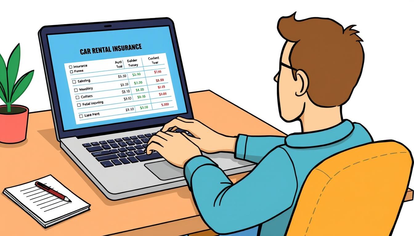 Image of a person comparing car rental insurance costs on a laptop