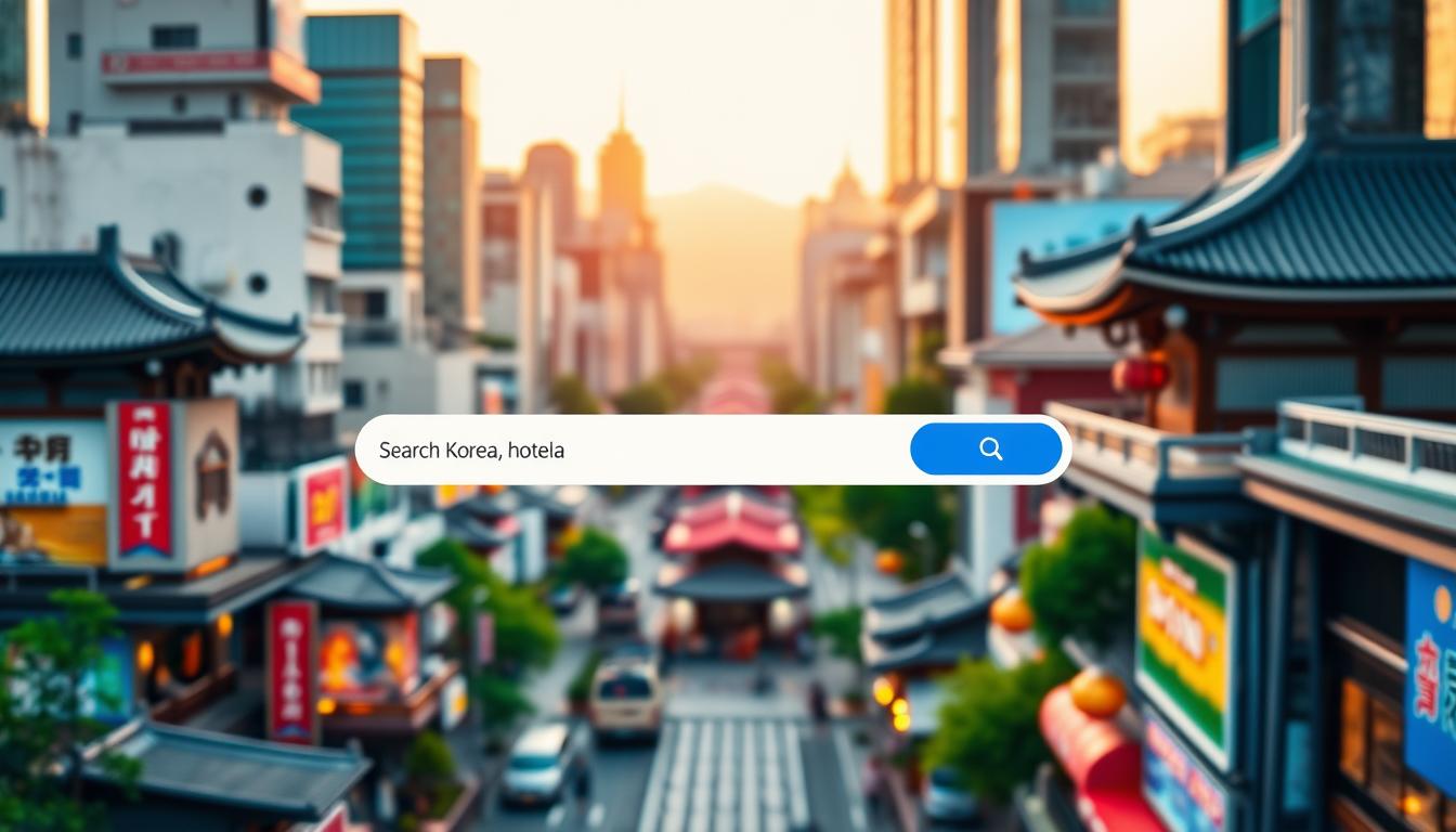 A vibrant, high-resolution image of the Hotellook website interface, showcasing the booking process for travel accommodations in South Korea. The frame is composed with a clear foreground of the Hotellook search bar and navigation menus, centered against a blurred backdrop of a bustling South Korean cityscape, complete with skyscrapers, traditional architecture, and lush greenery. The lighting is warm and inviting, emphasizing the user-friendly and intuitive design of the website. The overall mood is one of efficiency, excitement, and anticipation for the journey ahead.