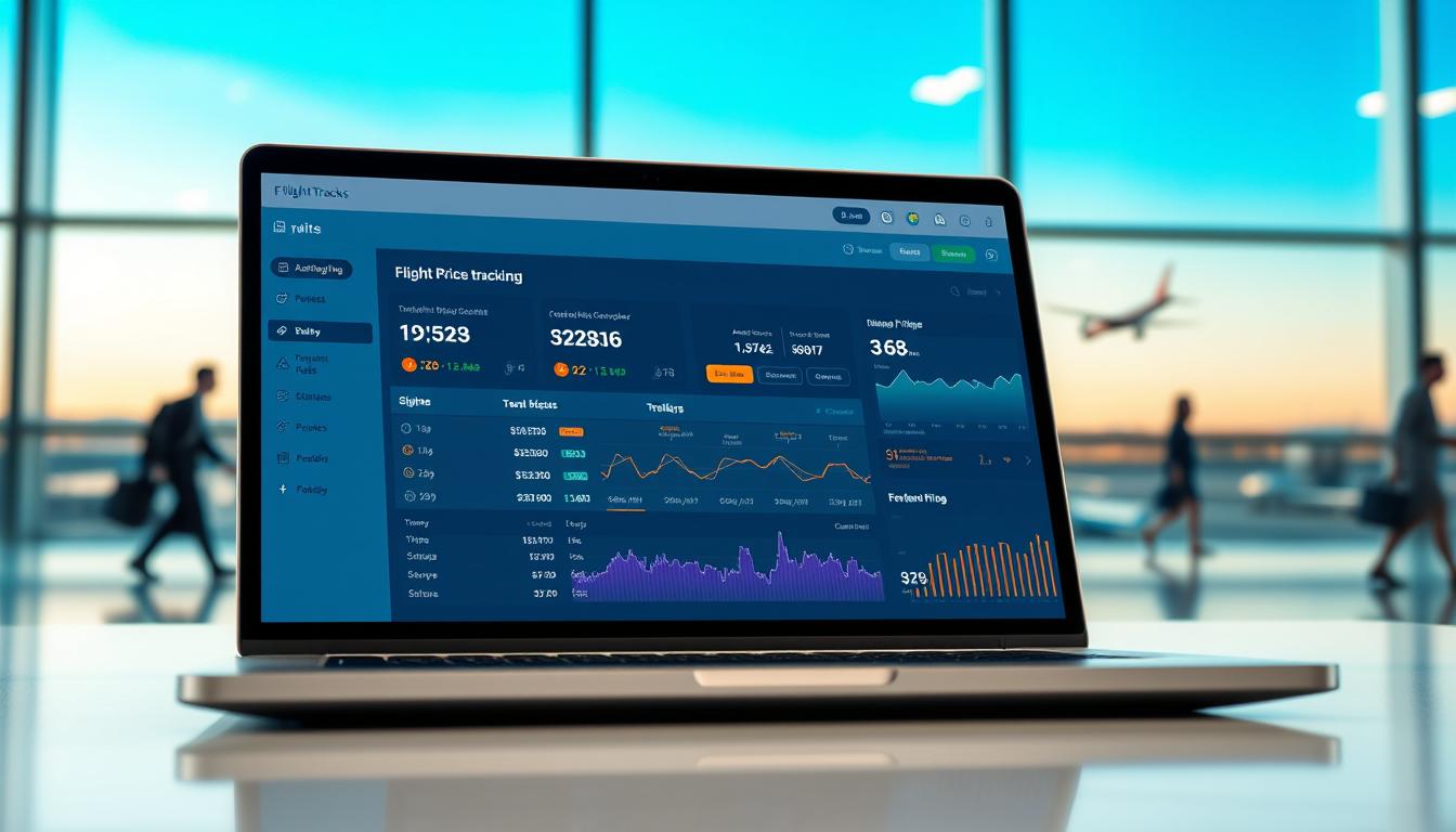 A sleek, modern laptop screen displays a dynamic flight price tracking interface. The foreground features a clean, minimalist dashboard with customizable filters, price alerts, and route comparisons. In the middle ground, vibrant data visualizations and interactive charts showcase price fluctuations over time. The background depicts a stylized airport terminal, with silhouetted travelers and a softly blurred landscape of runways and aircraft. The overall scene conveys a sense of efficiency, control, and the power of data-driven decision making for savvy travelers.