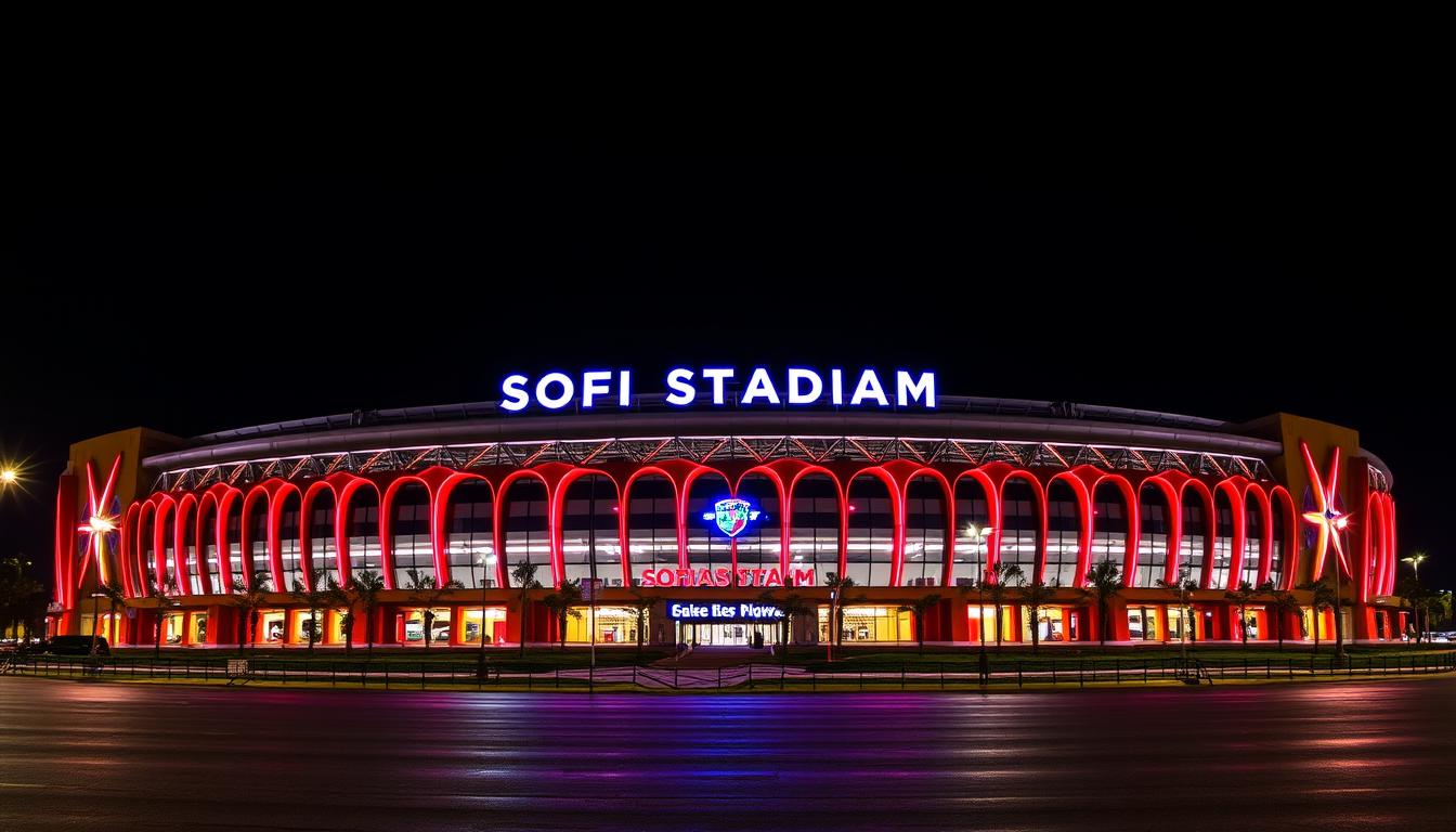 Image of SoFi Stadium's exterior at night