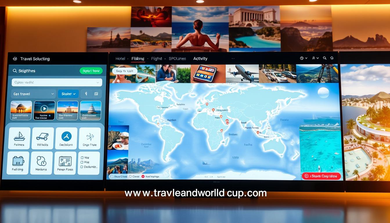 booking-platforms A sleek, modern booking software interface, showcasing diverse options for travel planning. In the foreground, stylized icons and interactive menus allow users to seamlessly browse hotel, flight, and activity selections. The middle ground features a large, high-resolution map with pinpointed destinations, inviting exploration. In the background, a collage of vibrant travel imagery - sun-drenched beaches, bustling cityscapes, and breathtaking landscapes - creates an immersive atmosphere. Warm, diffused lighting casts a soft glow, enhancing the intuitive user experience. The entire scene is anchored by the prominent branding of "www.travelandworldcup.com", conveying a sense of trusted, comprehensive booking solutions.