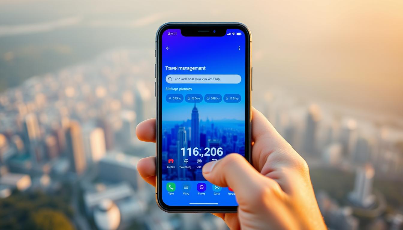 A vibrant mobile screen displays the &quot;www.travelandworldcup.com&quot; travel management app, showcasing a sleek user interface. In the foreground, a hand holds the device, fingers elegantly interacting with the touchscreen. The middle ground features a blurred cityscape, with skyscrapers and landmarks hinting at a bustling urban environment. The background is a soft, gradient-driven landscape, evoking a sense of global connectivity and adventure. The lighting is warm and natural, casting a subtle glow on the scene. The camera angle is slightly elevated, providing an immersive, bird's-eye perspective that captures the seamless integration of technology and travel.