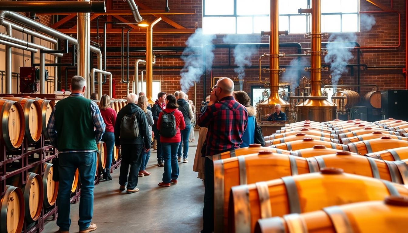 Generate an image of a bourbon distillery tour