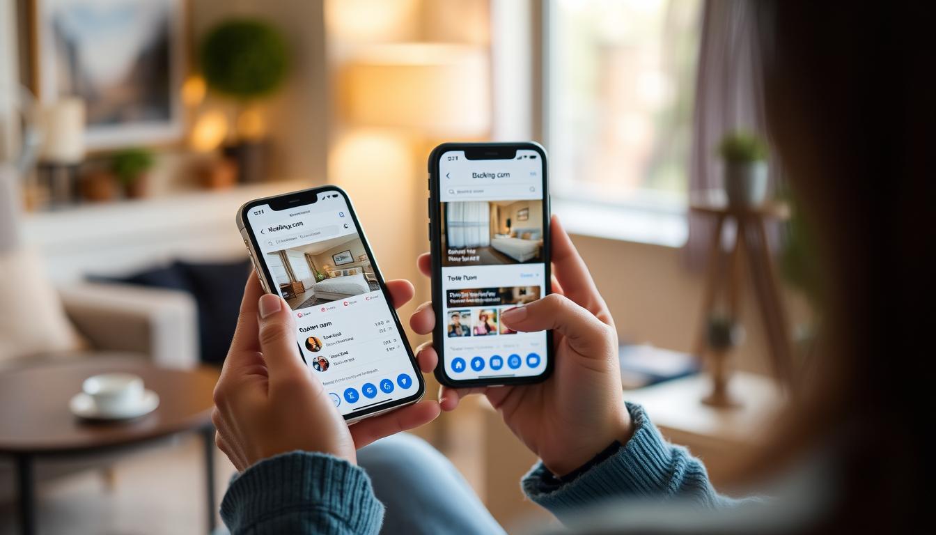 Generate an image of a person using the Booking.com app on their mobile device to book a hotel room.