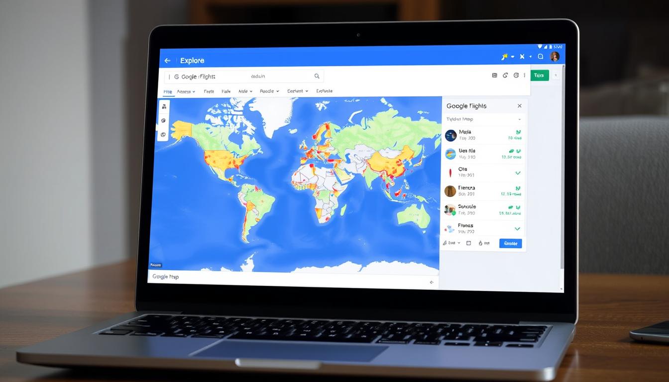 Generate an image of Google Flights' Explore map feature on a laptop screen, showing various destinations worldwide.
