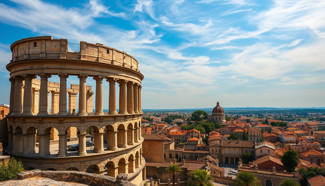المناطق السياحية A majestic Roman amphitheater stands tall, its grand stone arches and columns casting dramatic shadows in the warm Mediterranean light. The amphitheater's elliptical shape dominates the foreground, inviting the viewer to imagine the roar of ancient crowds and the clash of gladiators. In the middle ground, the historic city of Pula unfolds, its terracotta roofs and winding streets a testament to its rich Roman heritage. The background is framed by a hazy blue sky, with wisps of clouds drifting overhead, creating a serene and timeless atmosphere. The scene conveys a sense of awe and wonder, capturing the essence of Pula's remarkable Roman legacy.