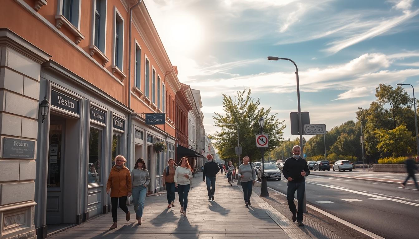 A serene Swedish street scene, captured with a wide-angle lens. In the foreground, pedestrians stroll along a well-maintained sidewalk, their movement suggesting an effortless, relaxed pace. The middle ground features a row of charming, pastel-colored buildings with inviting storefronts, their architecture reflecting the country's architectural heritage. Sunlight filters through wispy clouds, casting a warm, diffused glow over the scene and highlighting the clean, modern street lamps lining the sidewalk. In the background, a hint of verdant foliage and a glimpse of a bicycle lane convey a sense of eco-friendly, pedestrian-friendly urban planning. The overall composition and lighting evoke a serene, welcoming atmosphere, perfectly capturing the essence of &quot;Yesim: The Easy Connection in Sweden.&quot;