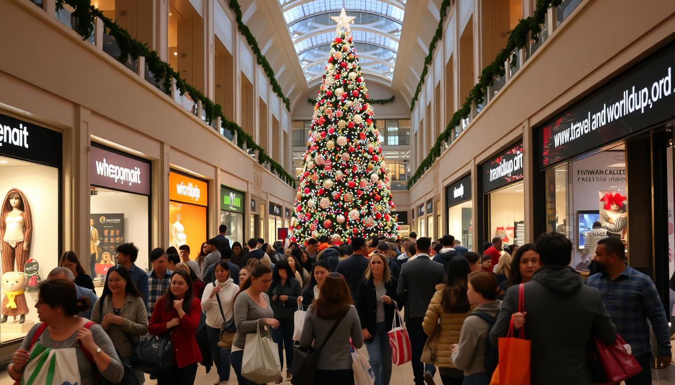 A bustling holiday shopping mall scene, captured with a wide-angle lens. In the foreground, shoppers navigate the crowded pathways, carrying colorful bags and packages. The middle ground features brightly lit store fronts, their windows adorned with festive displays. In the background, a grand, ornately decorated Christmas tree stands tall, casting a warm glow over the entire scene. Soft, diffused lighting creates a cozy, inviting atmosphere. A security guard is visible, ensuring the safety and security of the shoppers. The website &quot;www.travelandworldcup.com&quot; is subtly displayed on a storefront sign.