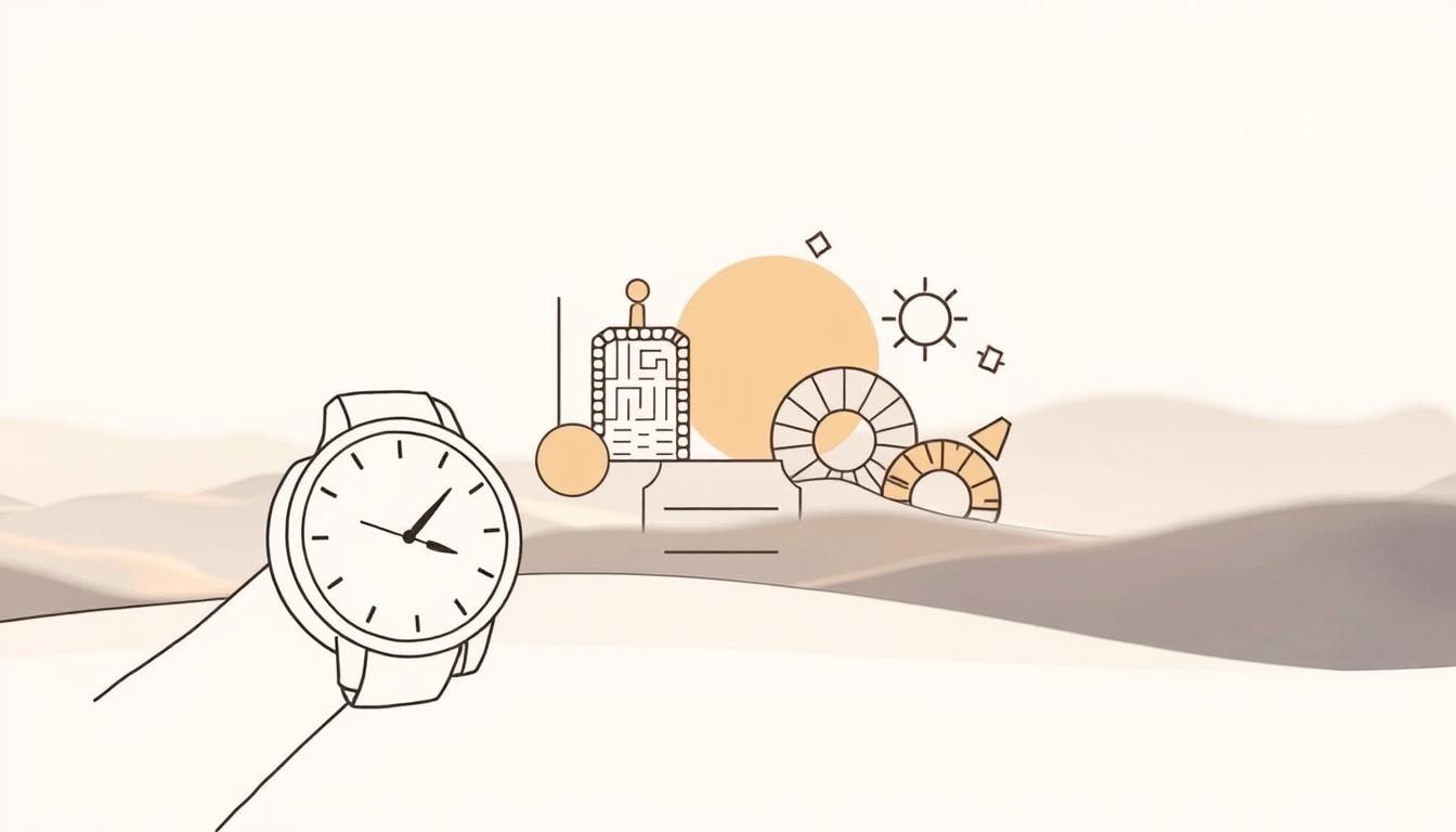 A minimalist, clean-lined illustration depicting the concept of &amp;quot;توفير الوقت&amp;quot; (saving time). In the foreground, a simple line drawing of a wristwatch with its hands moving rapidly, conveying a sense of efficiency and productivity. In the middle ground, a series of geometric shapes and patterns in muted, earthy tones, evoking the idea of organization and streamlining. The background features a soft, blurred landscape with subtle lighting, creating a serene and calming atmosphere. The overall composition should feel modern, sophisticated, and visually appealing, reflecting the subject of the article's section on using the Yesim platform.