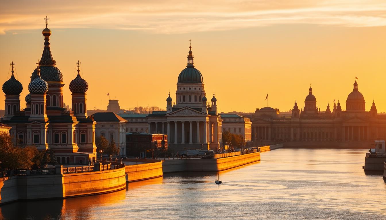 a breathtaking cityscape of the historic landmarks of Saint Petersburg, Russia, bathed in warm golden light at sunset. The iconic domes and spires of the Church of the Savior on Spilled Blood stand tall in the foreground, their vibrant colors and intricate details reflected in the calm waters of the Griboedov Canal. In the middle ground, the neoclassical facade of the Kazan Cathedral dominates the skyline, its grand columns and ornate ornamentation creating a majestic presence. Toward the horizon, the distinctive silhouettes of the Peter and Paul Fortress and the Hermitage Museum can be seen, their striking architecture blending seamlessly with the warm, hazy atmosphere. The scene conveys a sense of timeless beauty and the rich cultural heritage of this iconic Russian city.