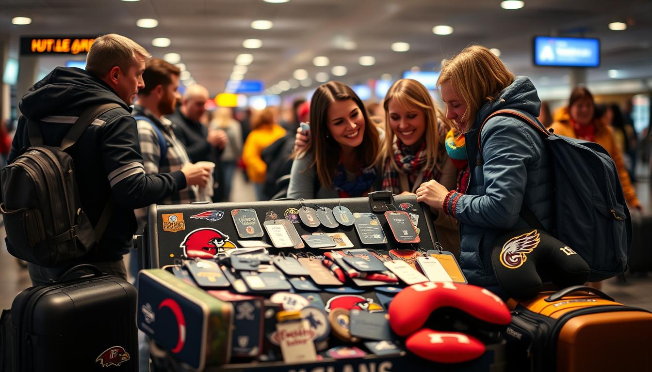 A bustling airport terminal, filled with football fans eagerly awaiting their next adventure. In the foreground, a group of friends gather around a large, custom-designed travel trunk, its exterior adorned with team logos and vibrant colors. Soft, warm lighting casts a cozy glow, highlighting the excitement and anticipation in their faces as they meticulously plan their itinerary. In the middle ground, a diverse array of travel accessories - from customized luggage tags to team-themed neck pillows - are neatly displayed, catering to the varied preferences of the passionate fans. The background blurs into a hazy, dreamlike scene, hinting at the exotic destinations and cultural experiences that await these devoted travelers on their journey.
