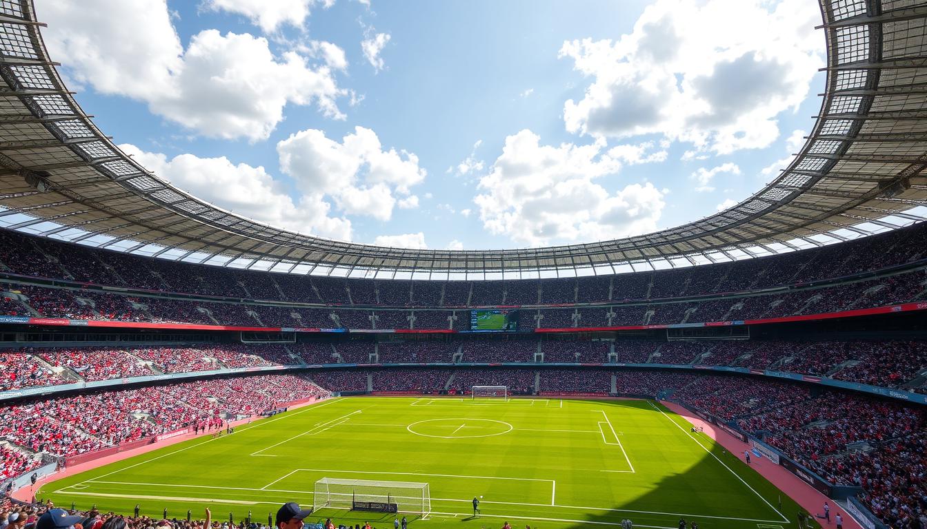 Stadiums, grand and majestic, rising in a panoramic vista. Towering arches of gleaming steel and glass, with sweeping canopies casting dramatic shadows. Rows of tiered seating, packed with eager fans, creating a palpable energy. Lush, verdant fields framed by modern, sculpted architecture, designed to host the world's most anticipated sporting events. www.travelandworldcup.com