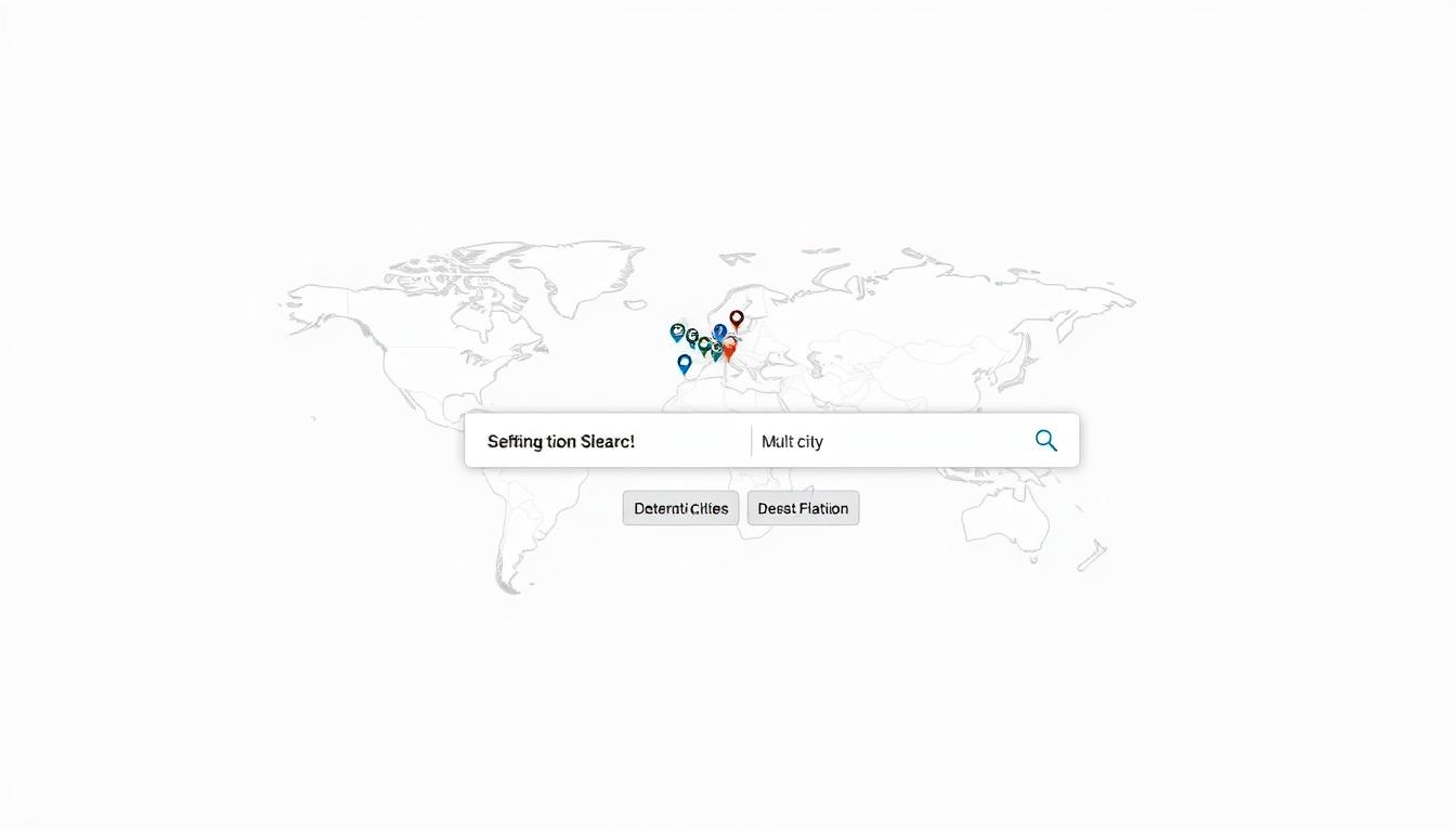 A sleek, minimalist interface of the Google Flights multi-city search feature, set against a clean, white background. The search form dominates the foreground, with input fields for destination cities arranged in a clean, elegant layout. The middle ground showcases a dynamic map, pulsing with flight routes and destination markers. Subtle gradient accents add depth and a touch of sophistication. The overall mood is one of efficiency, simplicity, and user-friendliness, reflecting the &quot;Multi-City Search Strategy&quot; section of the &quot;Google Flights Tricks&quot; article.
