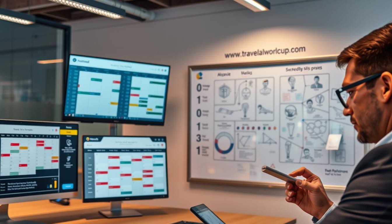 A modern office space with various scheduling tools and calendars displayed on sleek monitors. In the foreground, a businessperson is reviewing a digital schedule, their brow furrowed in concentration. The middle ground showcases a large collaborative whiteboard with industry-specific symbols and diagrams, indicating the complexities of scheduling for a specific sector. The background features the branding &quot;www.travelandworldcup.com&quot;, subtly integrated into the scene, conveying the context of a booking platform catering to unique industry needs. The lighting is soft and warm, creating a productive and professional atmosphere. The camera angle is slightly elevated, providing a comprehensive view of the workspace and its various scheduling elements.