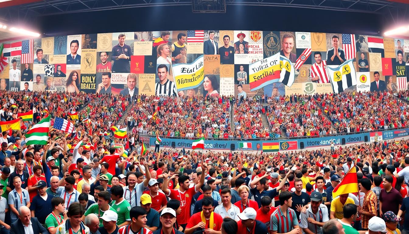 A panoramic scene depicting the evolution of football fan culture over the decades. In the foreground, a diverse crowd of passionate supporters dressed in team colors, waving flags and banners, and engaged in lively chants. In the middle ground, a dynamic display of choreographed fan displays, tifo performances, and intricate mosaic formations. In the background, a collage of iconic fan moments and memorabilia, from vintage match programs to classic football-themed paraphernalia. Vibrant colors, dramatic lighting, and a strong sense of camaraderie capture the rich tapestry of the football fan experience, showcasing the deep-rooted traditions and unwavering devotion of fans worldwide. www.travelandworldcup.com