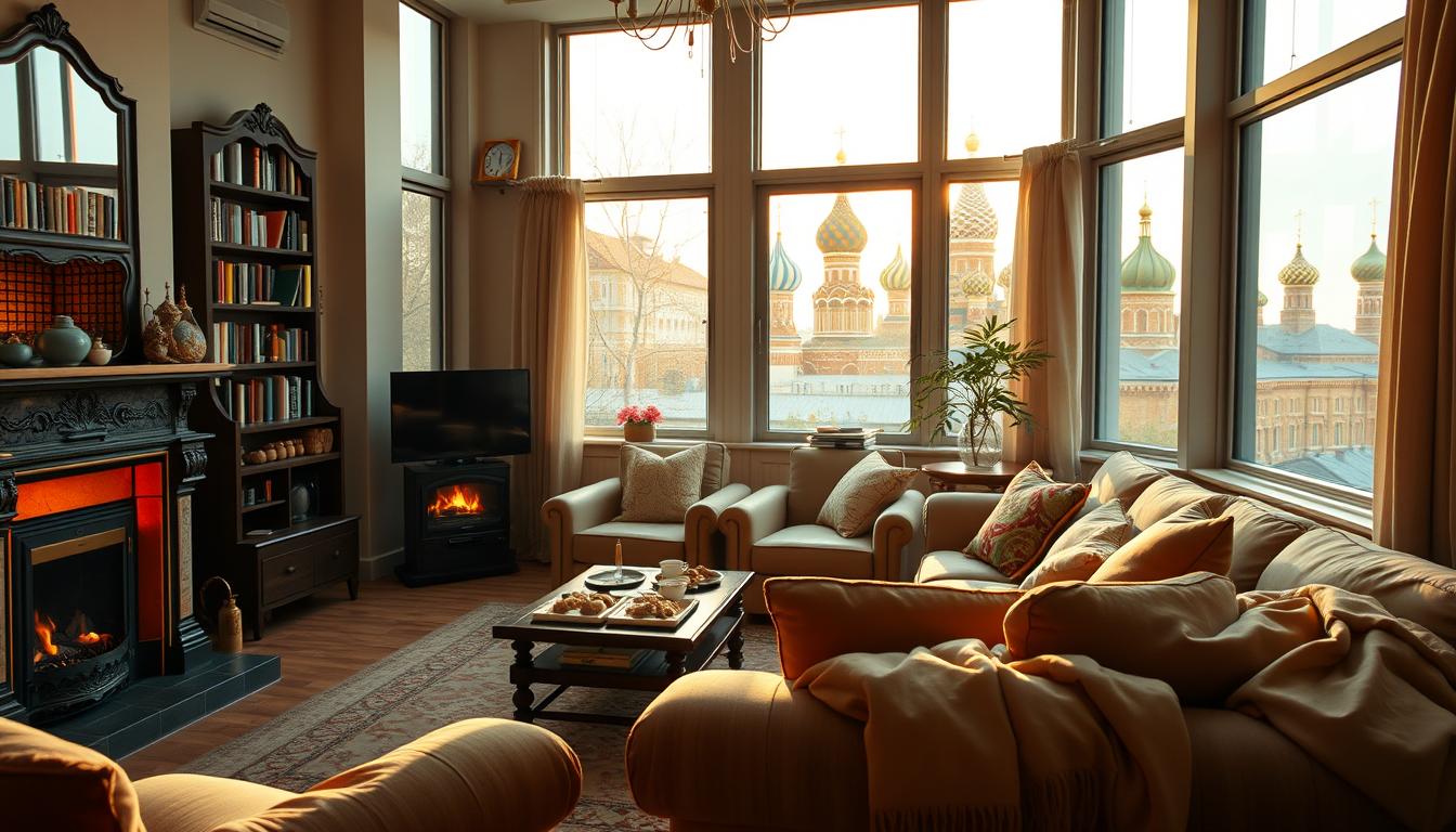 A cozy apartment nestled in the heart of Moscow, filled with the warm glow of natural light streaming through large windows. The living room features plush, traditional Russian furnishings, with ornate wooden accents and a crackling fireplace that casts a soft, inviting ambiance. In the corner, a well-stocked bookshelf reflects the intellectual pursuits of the residents. The kitchen, equipped with state-of-the-art appliances, showcases an array of traditional Russian delicacies, hinting at the culinary delights to be discovered. The bedroom, draped in luxurious fabrics, offers a tranquil retreat, with a view of the iconic onion-domed churches outside. This image captures the comfort and cultural immersion of residential life in Russia.