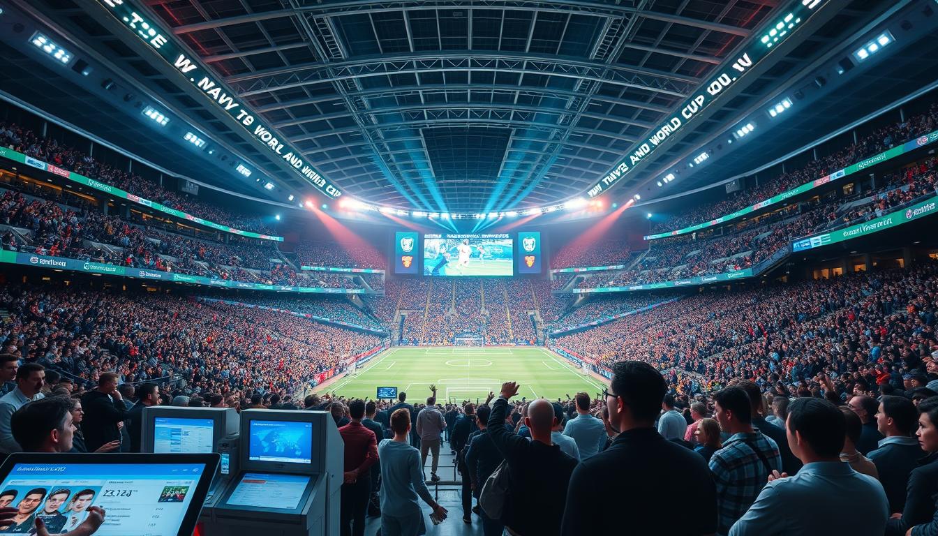 A data-driven sports stadium filled with enthusiastic fans, the www.travelandworldcup.com logo prominently displayed. In the foreground, interactive displays and kiosks allow fans to access real-time stats, player profiles, and personalized game experiences. The middle ground features a large, curved display showcasing advanced analytics and fan engagement metrics. In the background, a dynamic lighting system casts a vibrant, immersive atmosphere, complementing the energy of the crowd. High-resolution cameras and sensors capture fan reactions, enabling the stadium to continuously optimize its offerings based on data-driven insights.