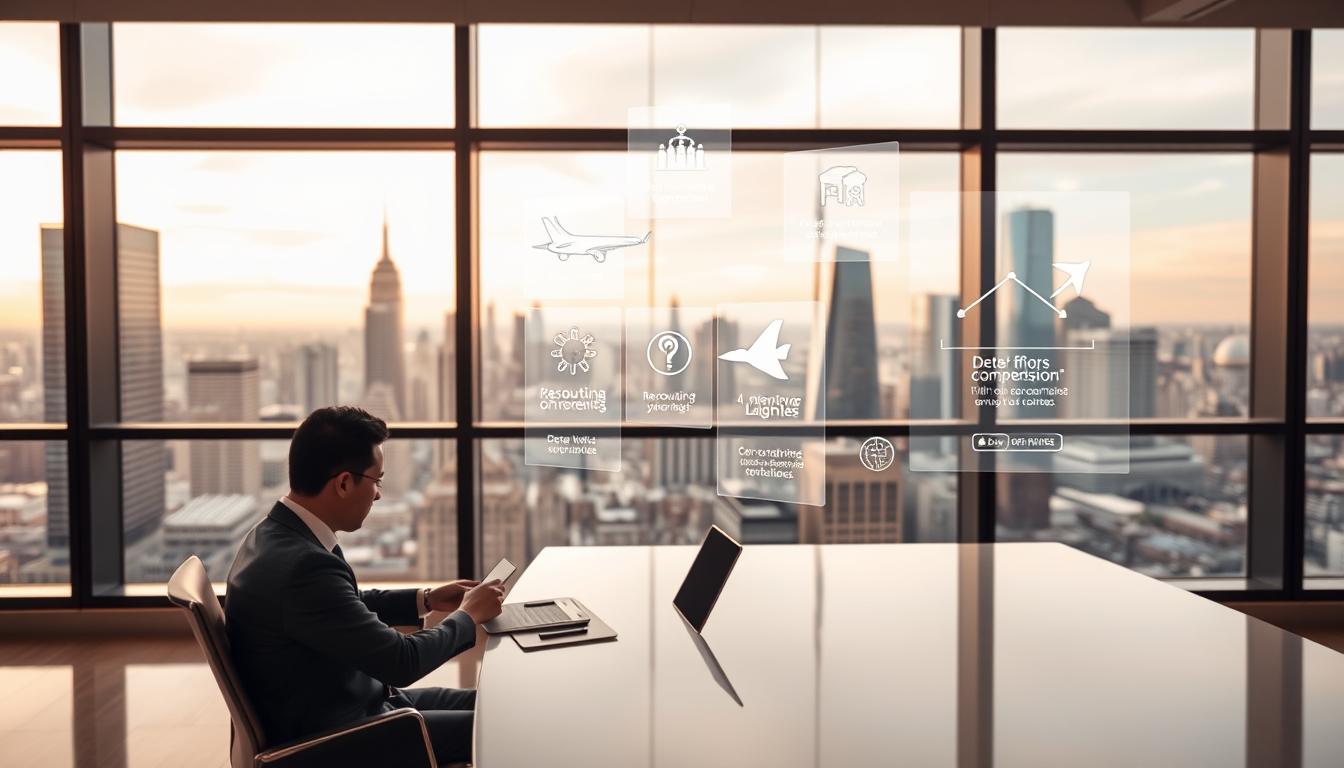 A sleek, modern office interior with large windows overlooking a bustling city skyline. In the foreground, a well-dressed business person sits at a clean, minimalist desk, reviewing documents and digital devices. The middle ground showcases various infographics and diagrams floating holographically, illustrating key benefits of flight compensation, such as refunds, rerouting, and hotel accommodations. The background is softly lit, with warm, diffused lighting creating a professional, yet inviting atmosphere. The overall scene conveys the efficiency, expertise, and empowerment that AirHelp provides to air travelers facing disruptive flights.