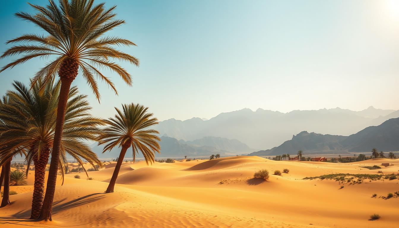 A serene oasis in the desert, Saudi Arabia's seasonal climate variations unfold in breathtaking splendor. In the foreground, lush palm trees sway gently, casting dappled shadows over the golden sand dunes. The middle ground showcases the dramatic transition from winter's crisp azure skies to the vibrant hues of spring, where wildflowers bloom in a spectrum of colors. The background reveals majestic mountain ranges, their peaks dusted with a delicate layer of snow, juxtaposed against the arid, sun-baked landscape. Warm, diffused lighting bathes the scene, creating a sense of tranquility and timelessness, inviting the viewer to experience the best time to explore this captivating destination.