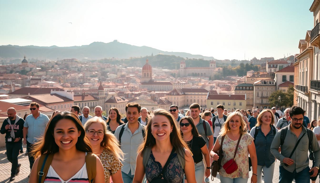 A vibrant urban scene of a free walking tour in Lisbon. In the foreground, a diverse group of people strolling together, their faces alight with curiosity and excitement. The middle ground features the iconic buildings and cobblestone streets of the historic city center, bathed in warm, golden sunlight. In the background, towering hills and picturesque landmarks rise up, creating a breathtaking panorama. The overall atmosphere is one of discovery, adventure, and the joy of exploring a new city on foot, free from the constraints of a tour bus or private car.