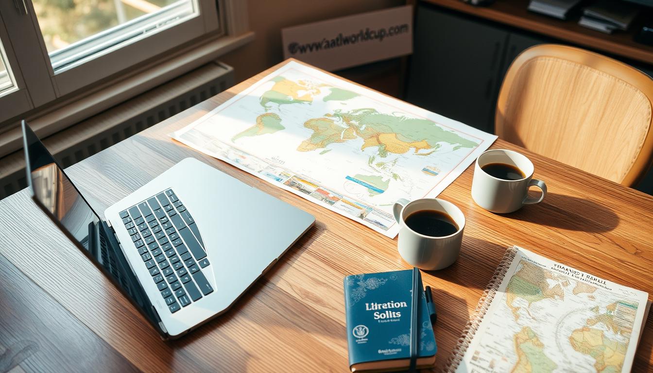 A neatly organized solo travel itinerary planning session, with a laptop, travel guides, and a world map spread out on a wooden table. Soft, natural lighting from a nearby window casts a warm glow. A cup of coffee and a travel-themed notebook sit nearby, adding to the cozy, focused atmosphere. In the background, the brand &quot;www.travelandworldcup.com&quot; is subtly displayed on a wall or desktop. The overall scene conveys a sense of thoughtful preparation and anticipation for an upcoming solo adventure.