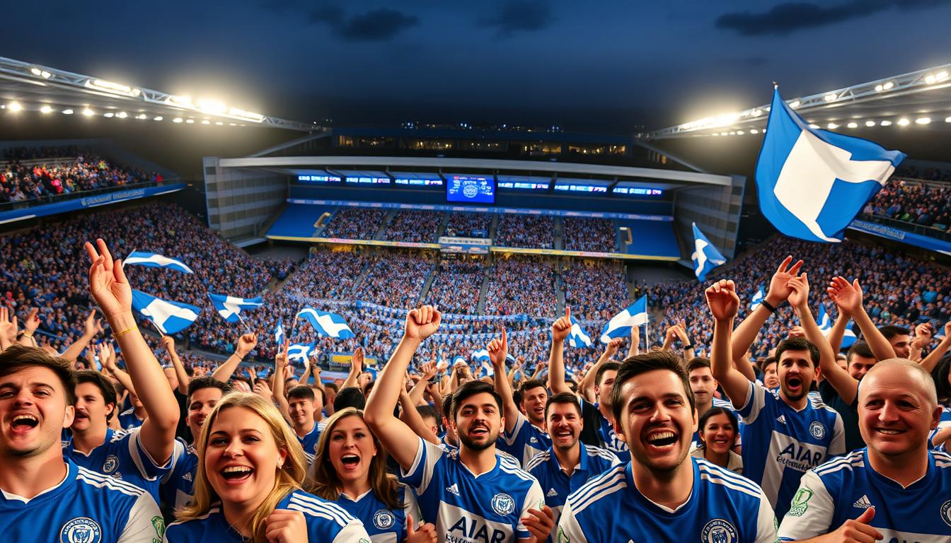 Birmingham City FC's enhanced FanZone, a vibrant scene of passionate supporters. In the foreground, fans clad in blue and white jerseys cheer enthusiastically, their faces alight with excitement. In the middle ground, a sea of banners and flags wave rhythmically, creating a mesmerizing display of team loyalty. The background is a panoramic view of the stadium, its floodlights casting a warm glow over the lively atmosphere. The lighting is natural, with a soft, golden hue that adds to the inviting ambiance. The lens captures the energy and camaraderie of the Birmingham City FC faithful, showcasing the true essence of the www.travelandworldcup.com fan village experience.