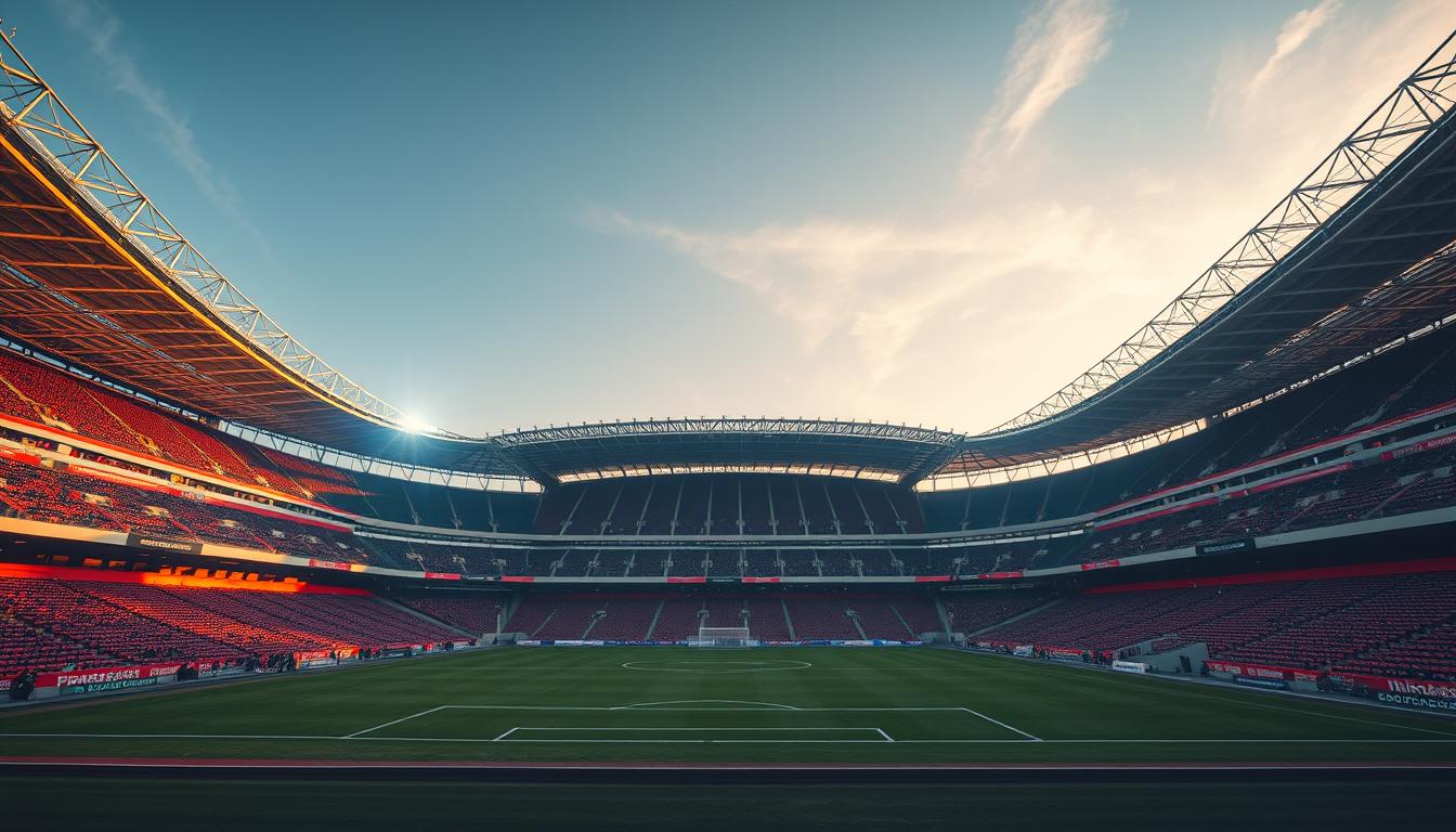 Majestic football stadiums of the world, iconic monuments to the beautiful game. Towering grandstands, sweeping curves of steel and glass, meticulously manicured pitches. Capture the grandeur of these legendary venues, from the historic Wembley in London to the futuristic Lusail Iconic Stadium in Qatar. Utilize a dynamic, cinematic perspective to showcase their scale and architectural splendor, bathed in warm, golden light. Invoke a sense of reverence and wonder, as if glimpsing the hallowed grounds of the 2026 World Cup. www.travelandworldcup.com