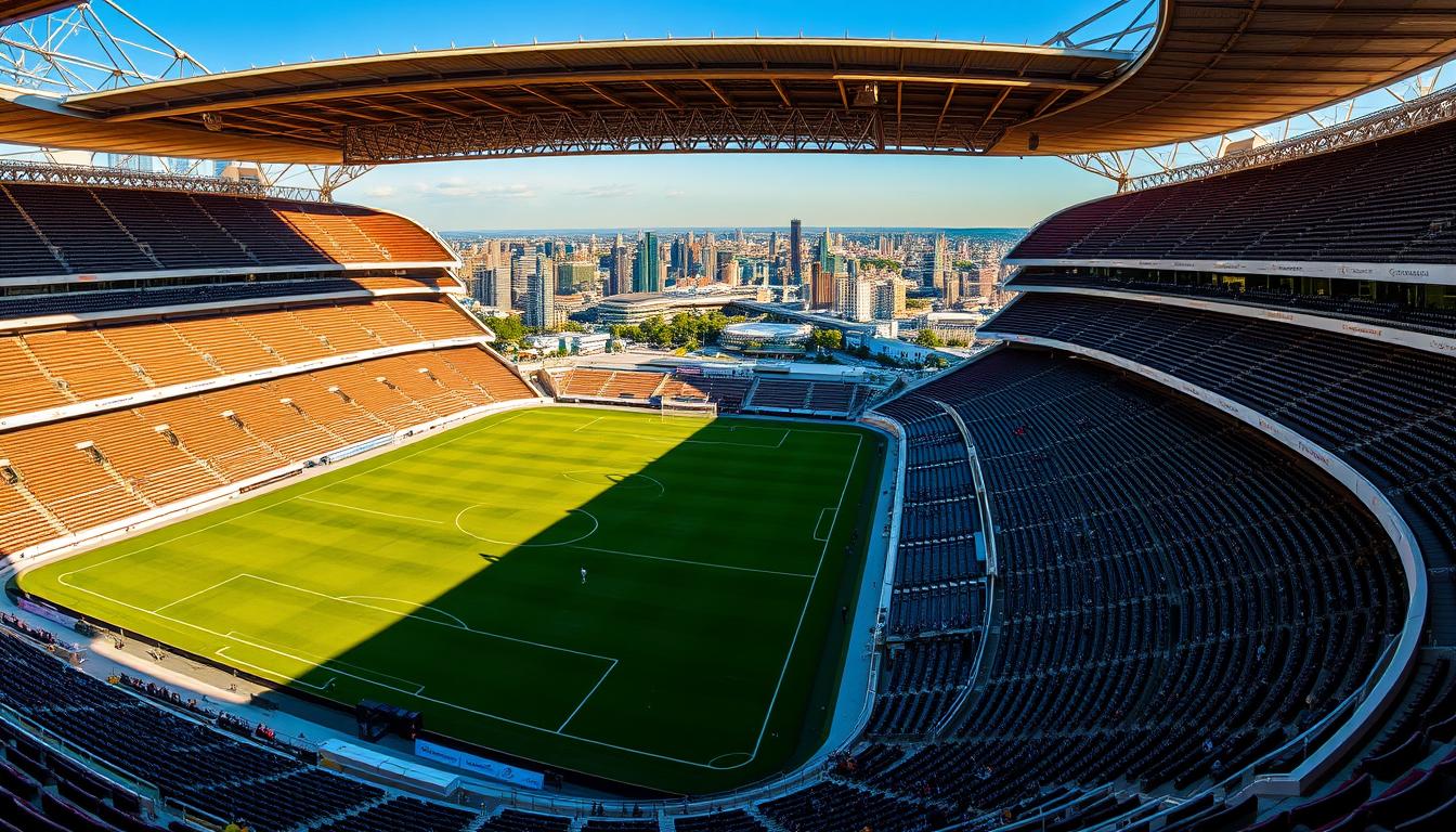 A breathtaking panoramic view of a modern soccer stadium, bathed in warm golden hour lighting. The manicured pitch stretches out in the foreground, surrounded by tiered rows of plush, comfortable seats with excellent sightlines. In the middle ground, state-of-the-art luxury suites and hospitality areas offer premium experiences, while the background showcases the vibrant cityscape beyond the stadium walls. The overall atmosphere exudes a sense of excitement and anticipation, inviting visitors to immerse themselves in the electrifying world of the 2026 FIFA World Cup. www.travelandworldcup.com