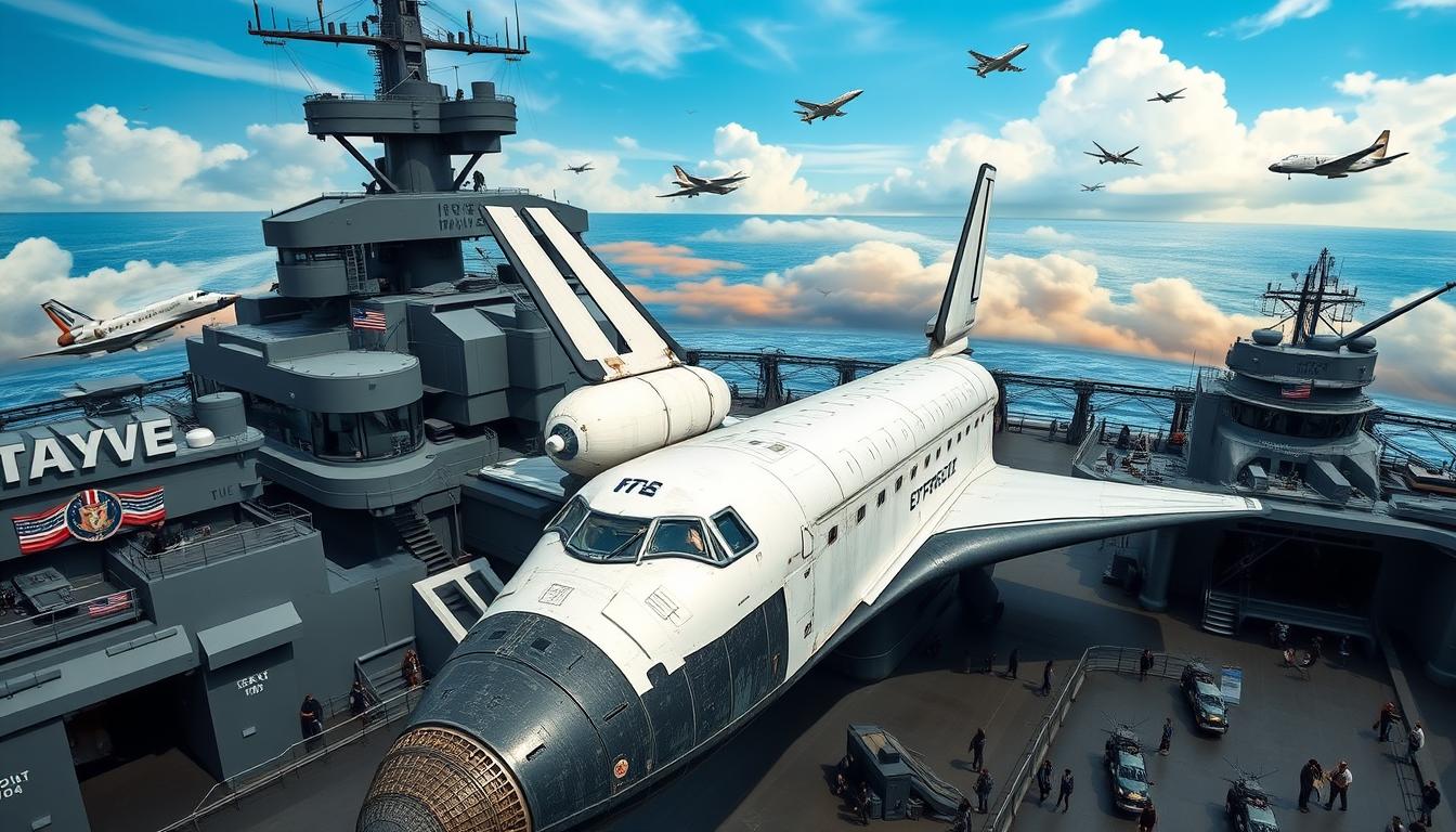 An image of the Intrepid Sea, Air &amp; Space Museum with the space shuttle Enterprise on display