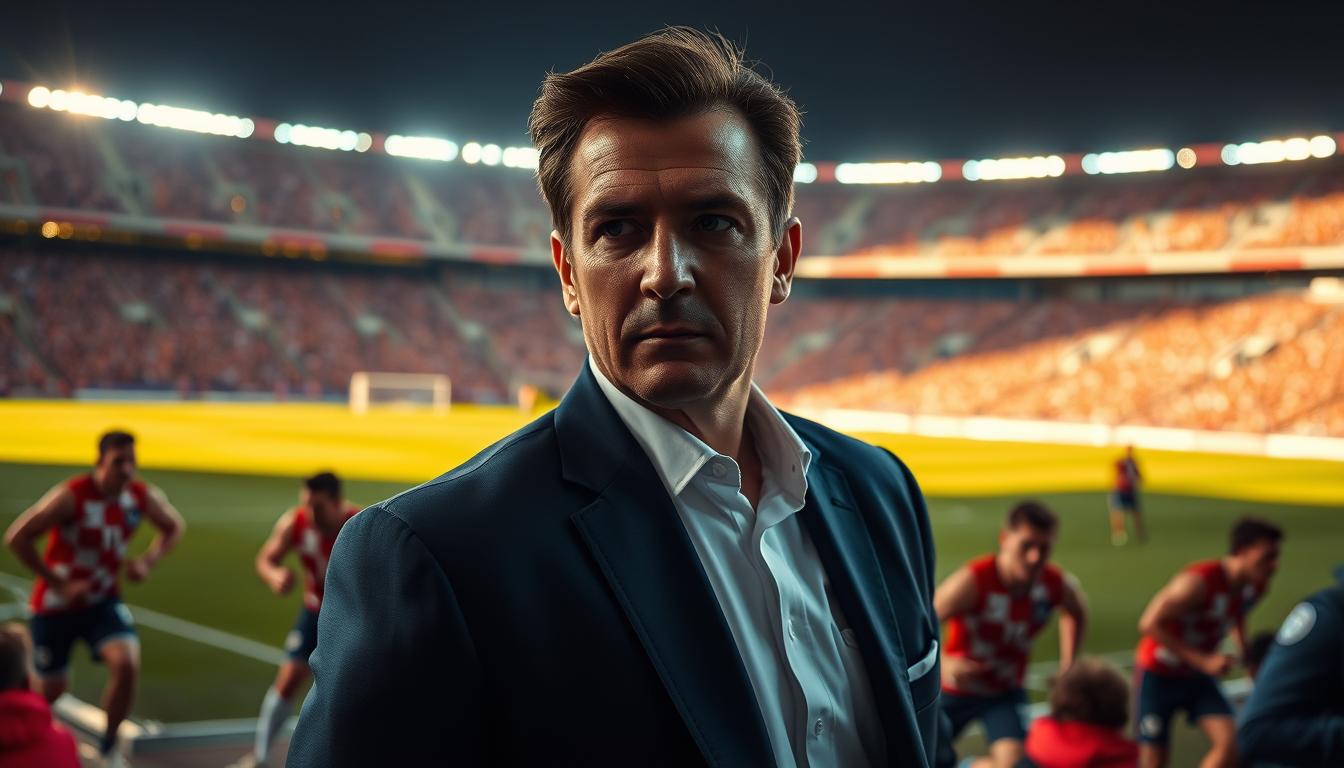 A determined Zlatko Dalić stands on the sidelines, his piercing gaze fixed on the field as he strategizes Croatia's 2026 World Cup campaign. The stadium is bathed in warm, golden light, casting a sense of anticipation and focus. Dalić's suit is crisp, his expression intense, conveying the weight of his responsibility to lead Croatia to glory once more. In the background, players sprint across the pitch, their muscular frames and fluid movements reflecting the team's physical prowess. This is a decisive moment, where Dalić's tactical genius and the team's unwavering determination converge, poised to secure Croatia's place on the global stage.