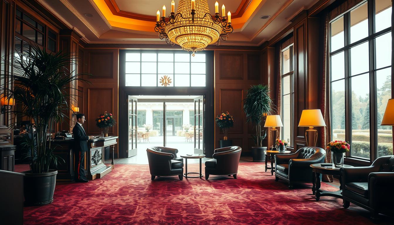 A grand lobby of the Dorchester Hotel in London, bathed in warm, golden light filtering through large windows. A uniformed concierge stands behind an ornate, wooden reception desk, ready to assist guests with an air of refined professionalism. In the foreground, a plush, burgundy-colored carpet leads towards a stunning chandelier overhead, casting a soft, ambient glow. The middle ground features elegant furnishings, including deeply tufted leather armchairs and side tables adorned with fresh flowers. Tall, potted plants flank the entrance, adding a touch of lush greenery to the impeccably maintained space. The background reveals a glimpse of the hotel's exterior, with its iconic neoclassical architecture and manicured gardens beyond.