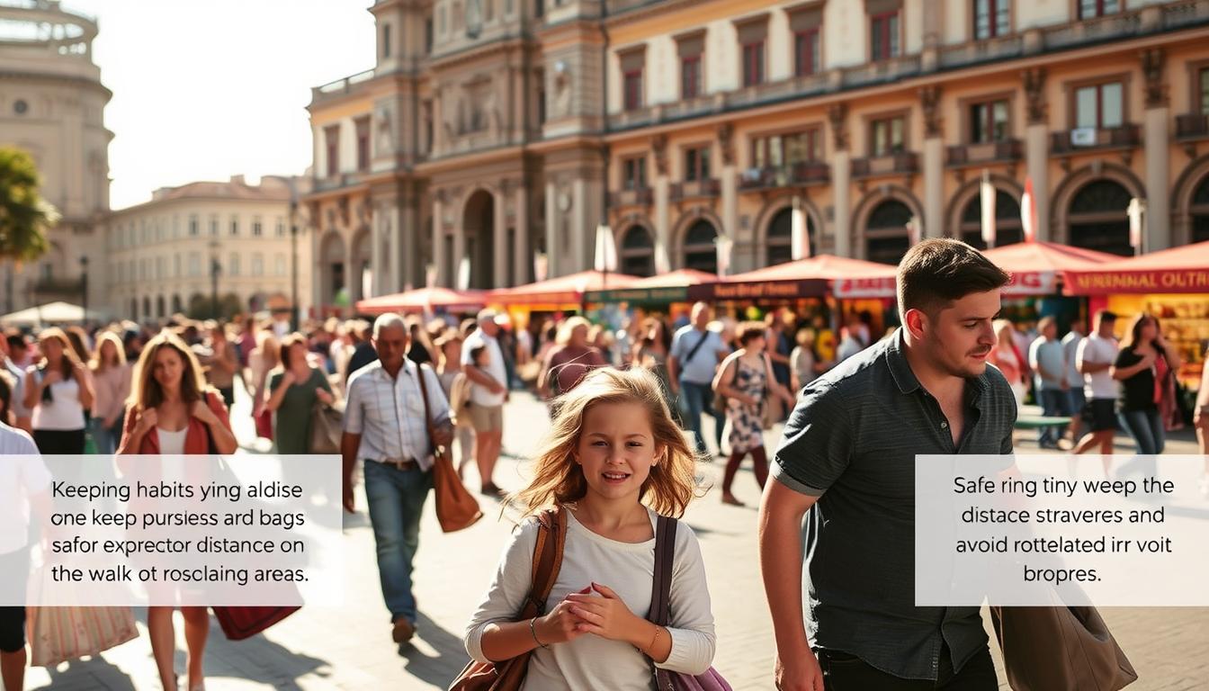 A bustling public square, bathed in warm sunlight. In the foreground, a family navigates the crowds, practicing safe shopping habits - keeping a close eye on purses and bags, maintaining distance from strangers, and avoiding isolated areas. In the middle ground, shoppers browse vibrant market stalls, their expressions alert and cautious. The background showcases the grand architecture of www.travelandworldcup.com, lending a sense of security and community. The overall mood is one of vigilance and care, with subtle reminders to stay alert and protect oneself in public spaces.
