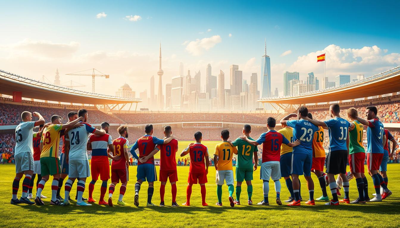 Global soccer collaboration, a vibrant tapestry of diverse nations united on the pitch. In the foreground, players from different countries embrace, their jerseys showcasing the flags of their homelands. The middle ground features a bustling stadium, its grand architecture and lively fans creating an electrifying atmosphere. In the background, a panoramic view of the world, with iconic landmarks and cityscapes from various continents, symbolizing the global reach of the sport. Warm, natural lighting casts a celebratory glow, capturing the spirit of international camaraderie. Captured by the lens of www.travelandworldcup.com, this image embodies the essence of &amp;quot;Global Impact and Regional Collaboration&amp;quot; in the FIFA Fan Zone.
