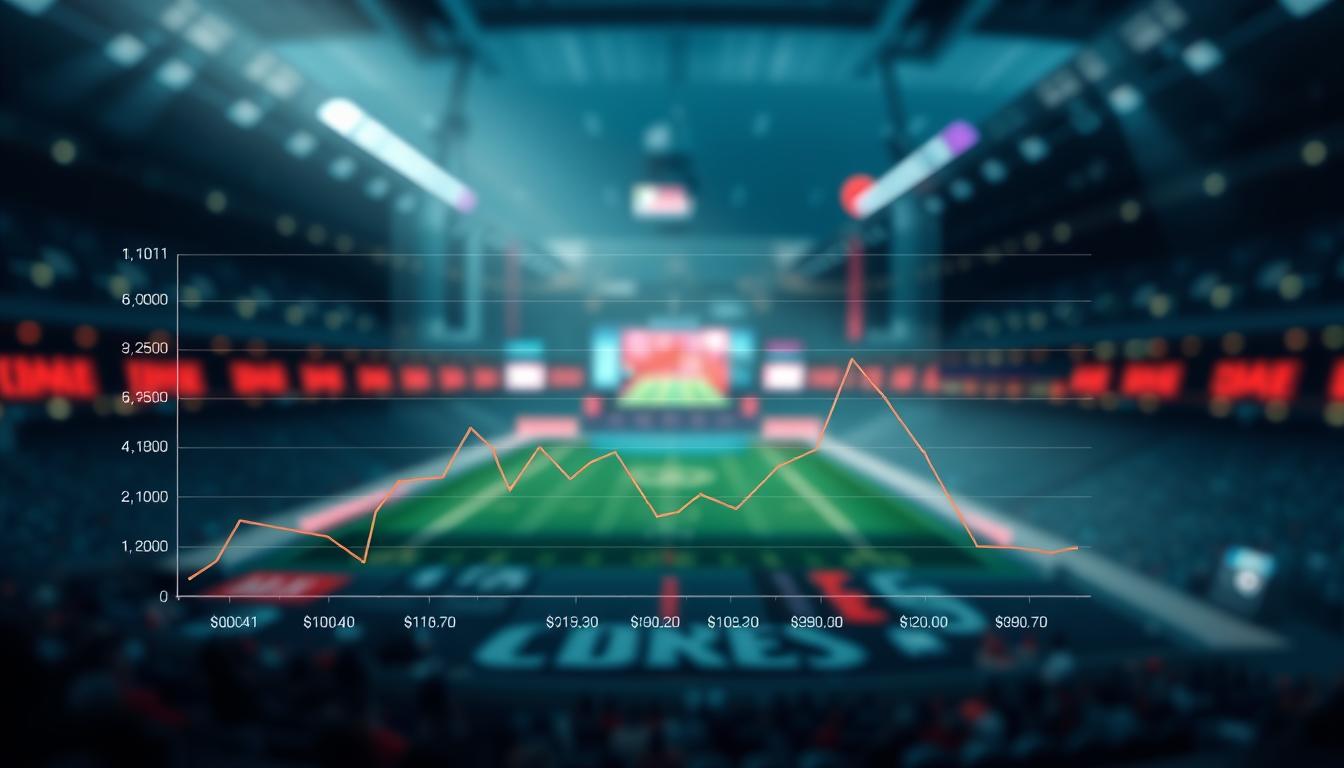 A sophisticated data visualization showcasing a dynamic pricing model for major sporting event tickets. In the foreground, a sleek, minimalist graph displays fluctuating ticket prices over time, reflecting supply, demand, and other factors. The middle ground features a dynamic color-coded legend, guiding the viewer's understanding of the pricing trends. In the background, a blurred, high-tech cityscape sets the scene, hinting at the global scale and complexity of the event ticketing industry. Dramatic, directional lighting casts shadows that add depth and visual interest, while a slightly muted color palette conveys a sense of professionalism and authority. The overall composition strikes a balance between form and function, serving as an informative and visually compelling illustration of the dynamic pricing concept.